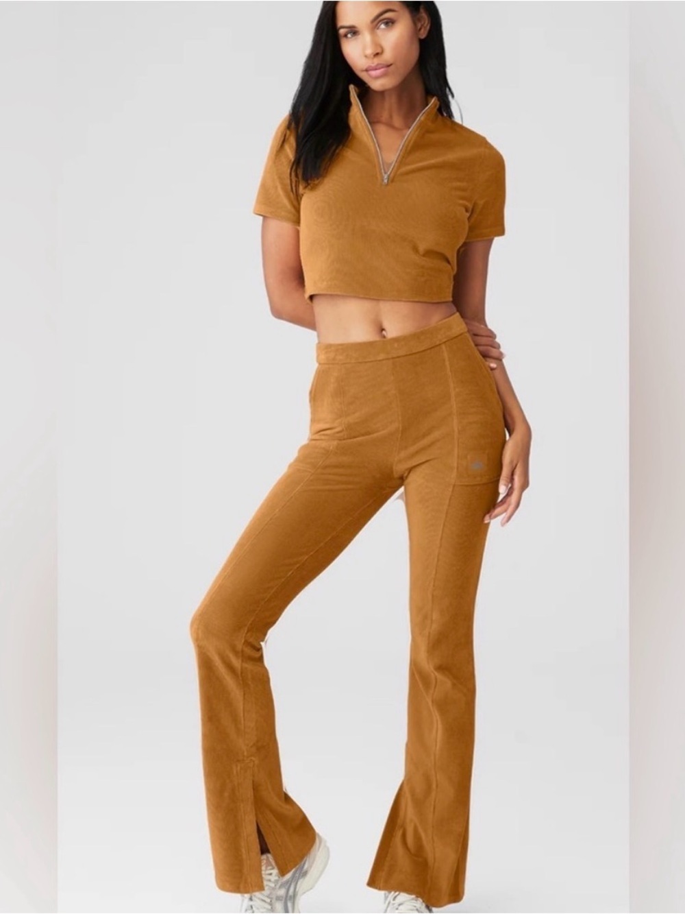 ALO yoga micro corduroy two piece winter break set mock neck flare pants